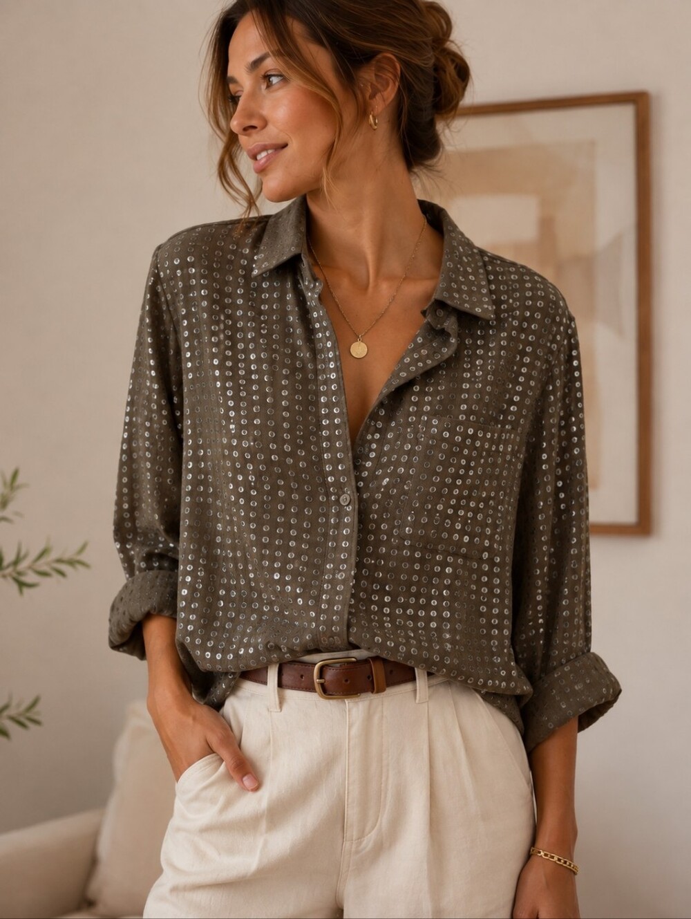 Maeve Sequin Long Sleeve Button Up Shirt Army Green Size M